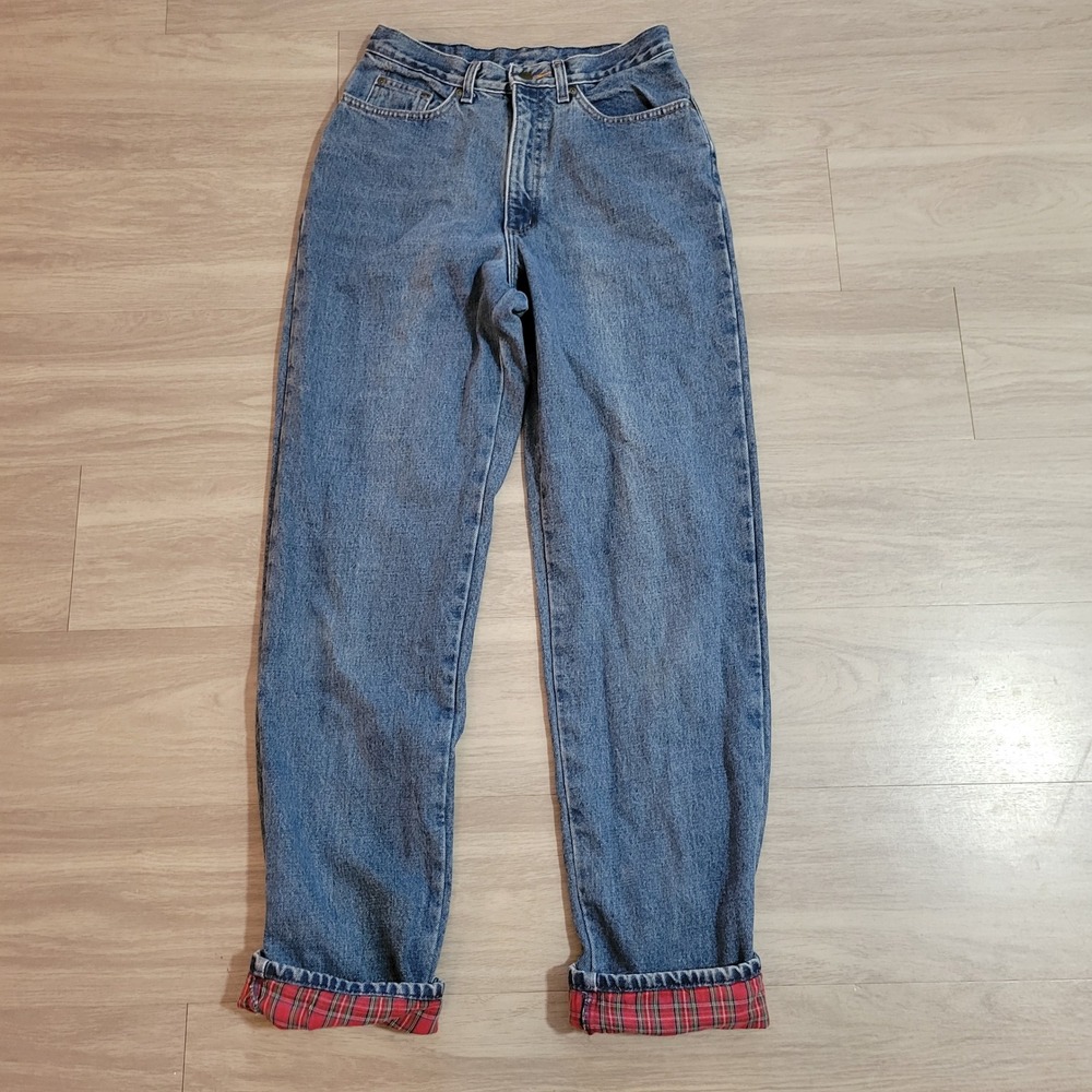 LL Bean Double L Relaxed Fit Flannel Lined Jeans Blue Plaid Mens 28x33.5